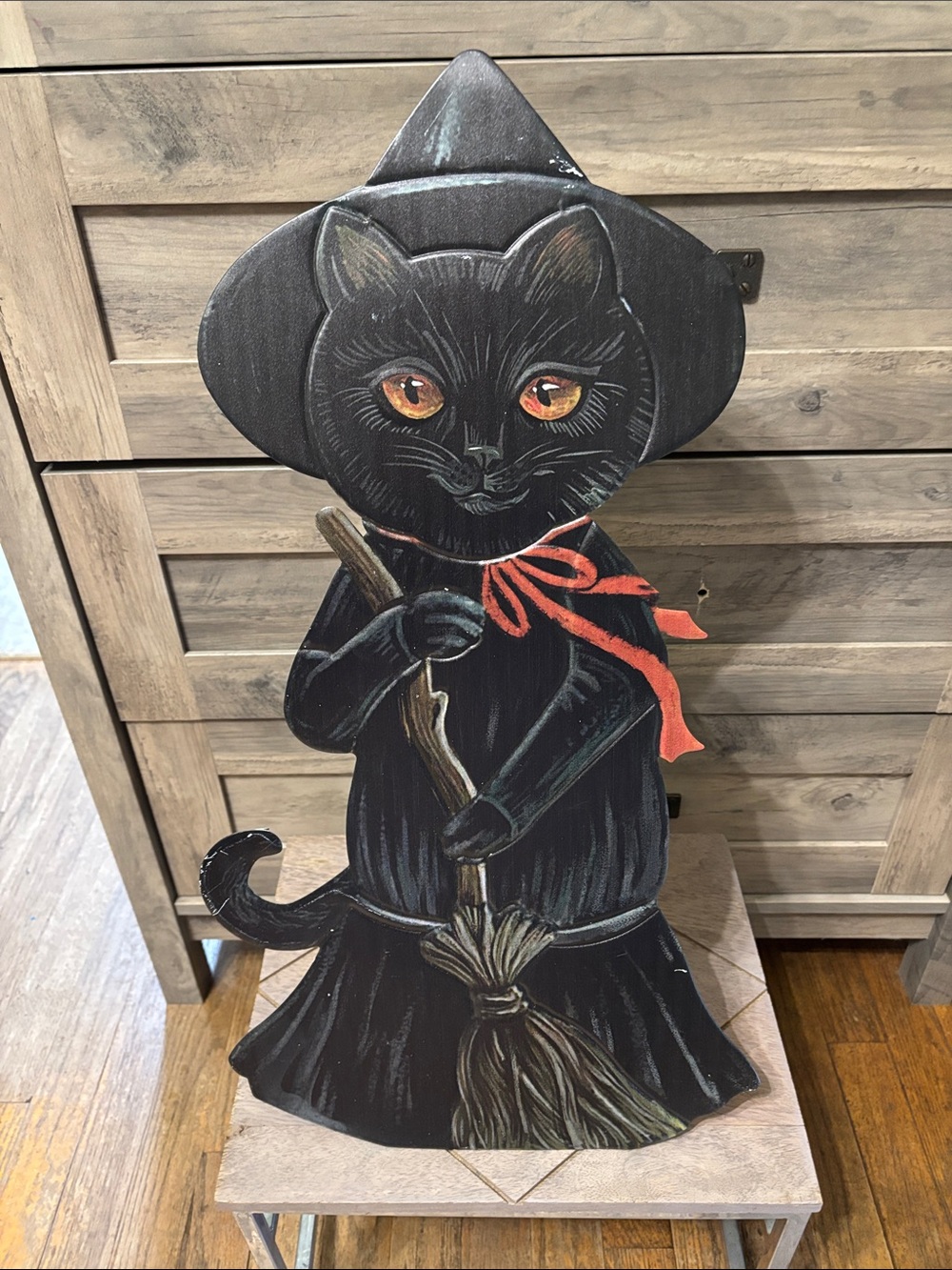 Vintage Inspired Halloween BLACK CAT WITH WITCH BROOM METAL Porch Sign NEW